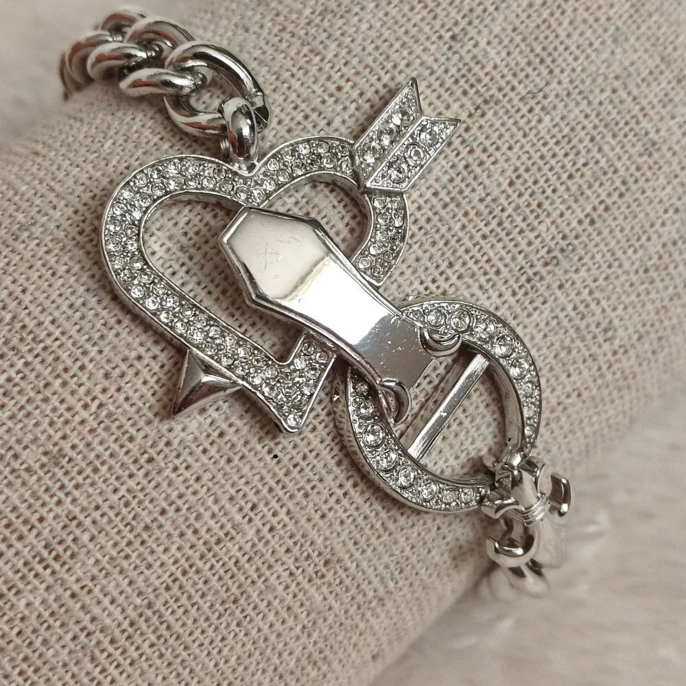 Silver Tone Rhinestone Heart Arrow Curb Chain Bracelet Fleur-de-lis Chunky 7.5